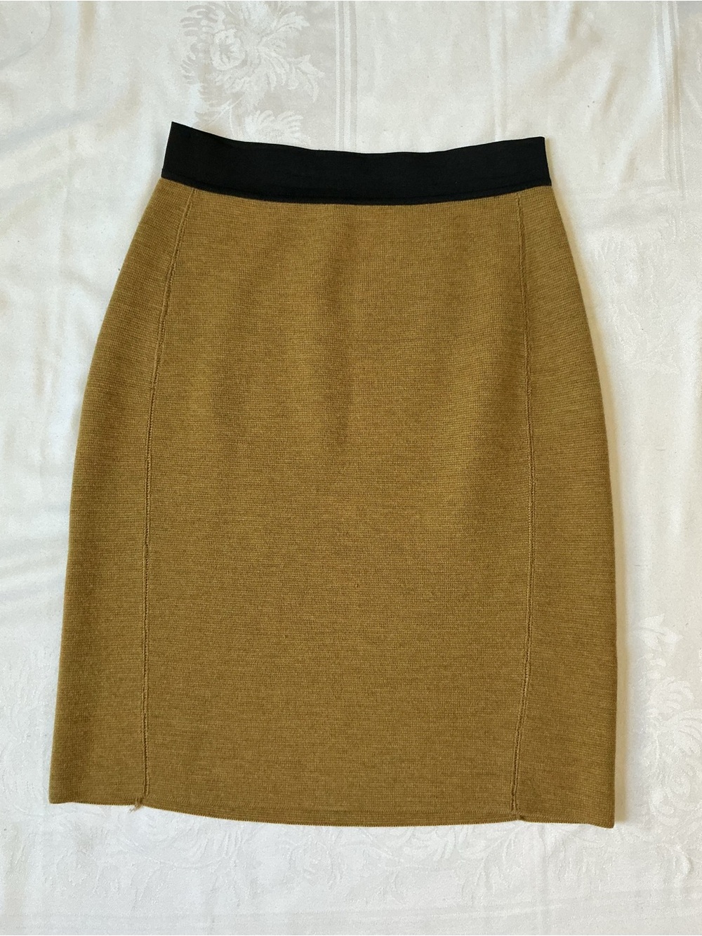 White + Warren Mustard Pencil Skirt with Black Waistband